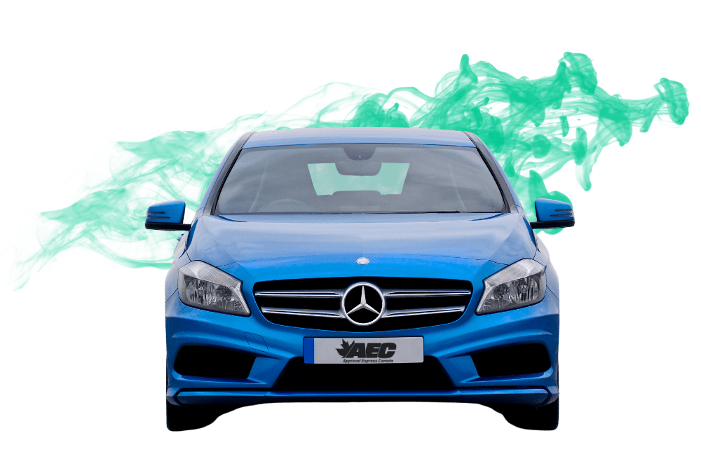 blue Mercedes front green smoke